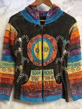 Rising International Womens Hoodie Sweatshirt Hippie Boho Patchwork Zip Small